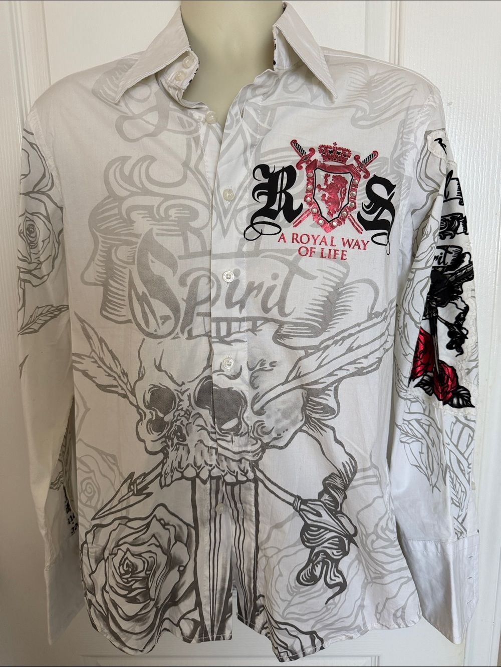 Rebel Spirit White Button-Down Shirt with Red Crest & Gray Graphics